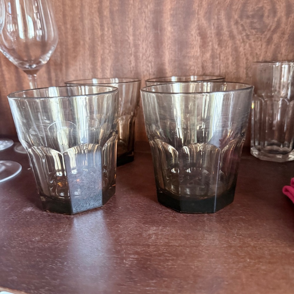 Vintage Smoke Brown Glass Hexagon Panel Tumblers Set of 4 Barware Rocks Glasses